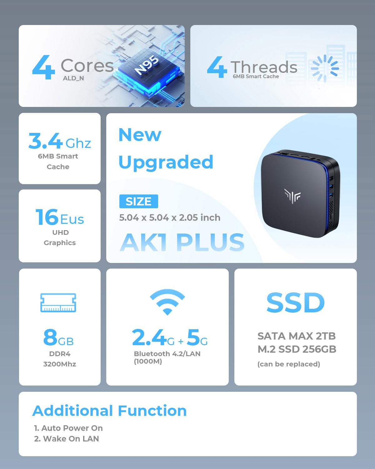 Mini PC Compacto – 8GB RAM, 256GB SSD, 4K Dual HDMI, WiFi & Bluetooth, Ideal para Oficina y Estudio