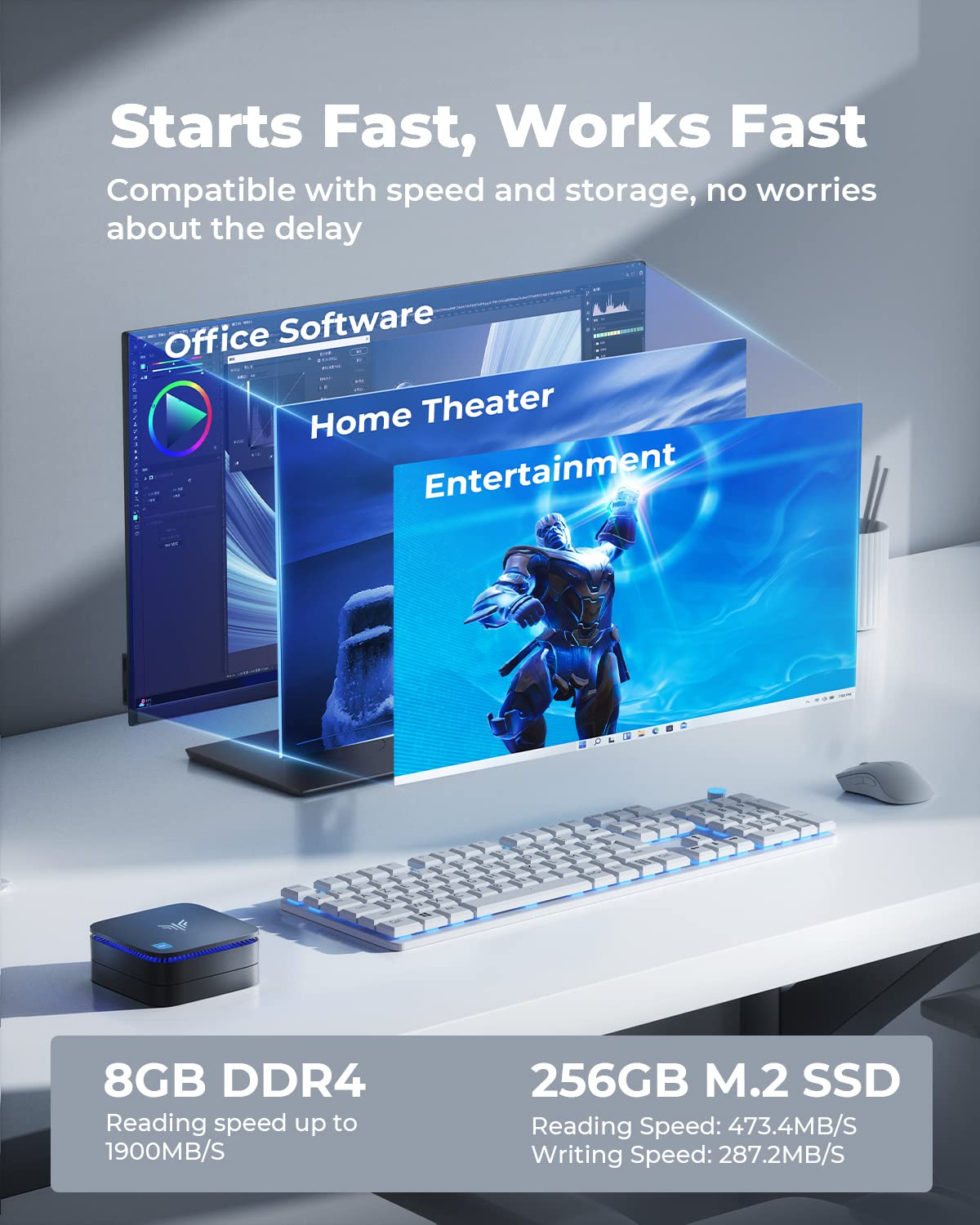 Mini PC Compacto – 8GB RAM, 256GB SSD, 4K Dual HDMI, WiFi & Bluetooth, Ideal para Oficina y Estudio